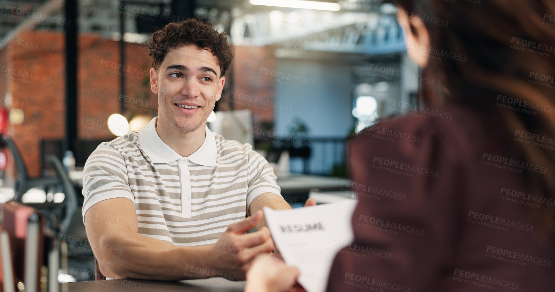 Buy stock photo Job interview, discussion and business women in office with resume, career opportunity or onboarding. Happy, meeting and hr manager with candidate for recruitment process with CV in workplace.
