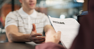 Buy stock photo Job interview, resume and hands of business people in office with career opportunity or onboarding. Hiring, discussion and hr manager with candidate for recruitment process with CV in workplace.