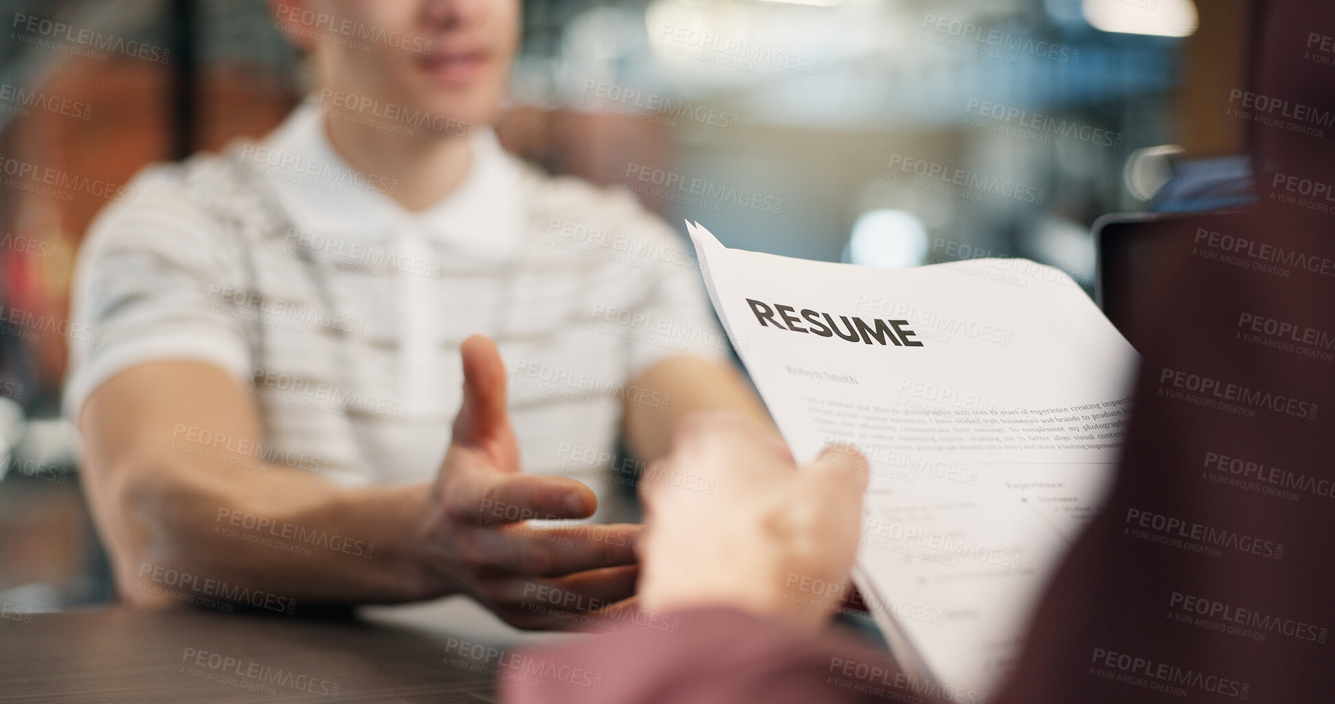 Buy stock photo Job interview, resume and hands of business people in office with career opportunity or onboarding. Hiring, discussion and hr manager with candidate for recruitment process with CV in workplace.