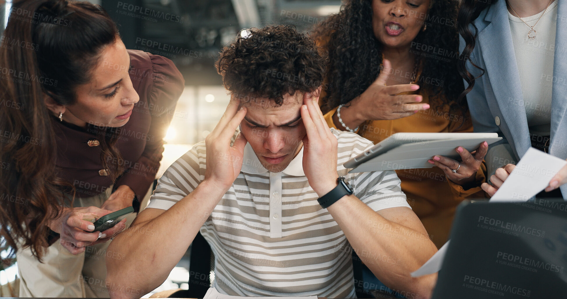 Buy stock photo Man, team and headache with stress for workload, tablet and multitasking for project deadline chaos. Office, people and overwhelmed worker with tech, communication and pressure in administration job.