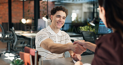 Buy stock photo Happy, meeting and business people with handshake in office for hiring, b2b or job opportunity. Businessman, woman or shaking hands with smile for onboarding career, recruiting or work agreement