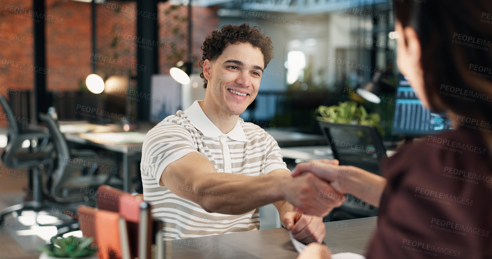 Buy stock photo Happy, meeting and business people with handshake in office for hiring, b2b or job opportunity. Businessman, woman or shaking hands with smile for onboarding career, recruiting or work agreement