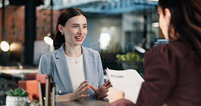 Buy stock photo Job interview, meeting and business women in office with resume, career opportunity or onboarding. Happy, discussion and hr manager with corporate candidate for recruitment process with CV at agency.