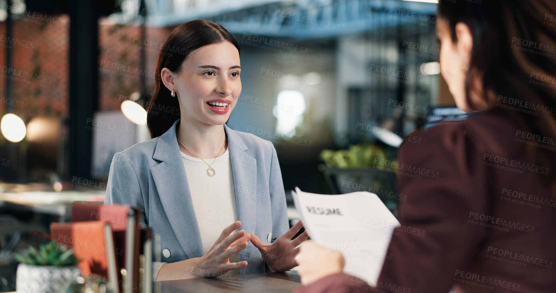 Buy stock photo Job interview, meeting and business women in office with resume, career opportunity or onboarding. Happy, discussion and hr manager with corporate candidate for recruitment process with CV at agency.
