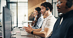 Call center, headset and man with computer, telemarketing or communication with contact in business. Telemarketer, talk and person with mic, coworking and lead generation with technology in office