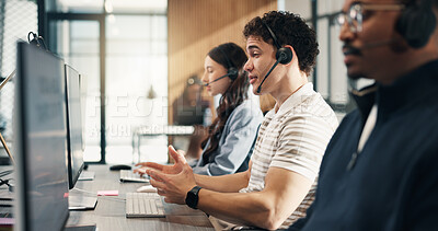Buy stock photo Call center, headset and man with computer, telemarketing or communication with contact in business. Telemarketer, talk and person with mic, coworking and lead generation with technology in office