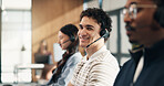 Call center, portrait and happy man with headset, online and communication with contact in business. Telemarketing, agent and person with mic, coworking and lead generation with technology in office
