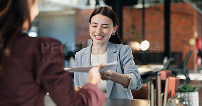 Buy stock photo Job interview, smile and business women in office with resume, career opportunity or onboarding. Meeting, discussion and hr manager with corporate candidate for recruitment process with CV at agency.