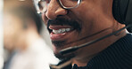 Call center, mouth and happy man with headset, telemarketing or communication with contact in office. Consultant, smile and person with mic, closeup and lead generation with technology in business