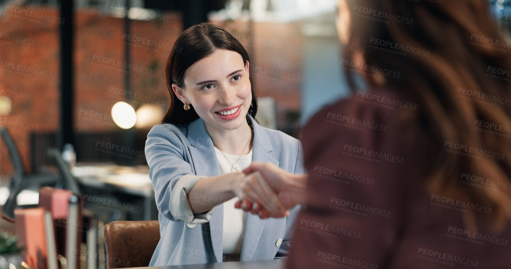 Buy stock photo Happy, meeting and women with handshake in office for hiring, b2b or job opportunity. Female people, employees or shaking hands with smile for onboarding career, recruiting or agreement in workplace