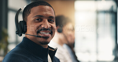 Buy stock photo Call center, portrait and happy man with headset, consultation or discussion with contact in office. Telemarketing, agent and person with mic, coworking and lead generation with tech in business