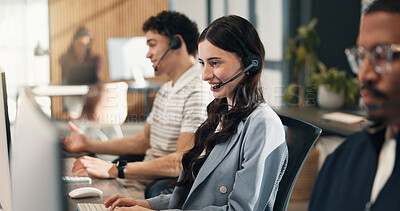 Buy stock photo Call center, headset and happy woman with computer, typing and communication with contact in office. Telemarketing, agent and person with mic, coworking and lead generation with tech in business