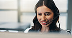 Call center, headset and happy woman with computer, reading or communication with contact in office. Telemarketing, agent and person with mic, consultation and lead generation with tech in business