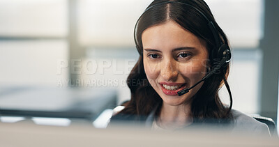 Buy stock photo Call center, headset and happy woman with computer, reading or communication with contact in office. Telemarketing, agent and person with mic, consultation and lead generation with tech in business