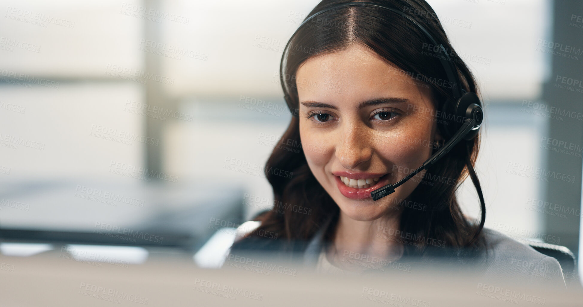 Buy stock photo Call center, headset and happy woman with computer, reading or communication with contact in office. Telemarketing, agent and person with mic, consultation and lead generation with tech in business