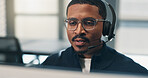 Call center, headset and man with computer, glasses and discussion with contact for lead generation. Telemarketing, agent and black person with eyewear, consultation and communication with technology
