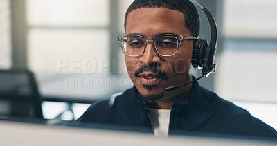 Buy stock photo Call center, headset and man with computer, glasses and discussion with contact for lead generation. Telemarketing, agent and black person with eyewear, consultation and communication with technology