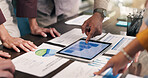 Pointing, hands and business people with tablet, chart and documents for financial review in meeting. Office, team and workers with tech, paperwork and research for finance report, growth and stats