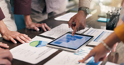 Buy stock photo Pointing, hands and business people with tablet, chart and documents for financial review in meeting. Office, team and tech with screen, paperwork and research for finance report, growth and stats