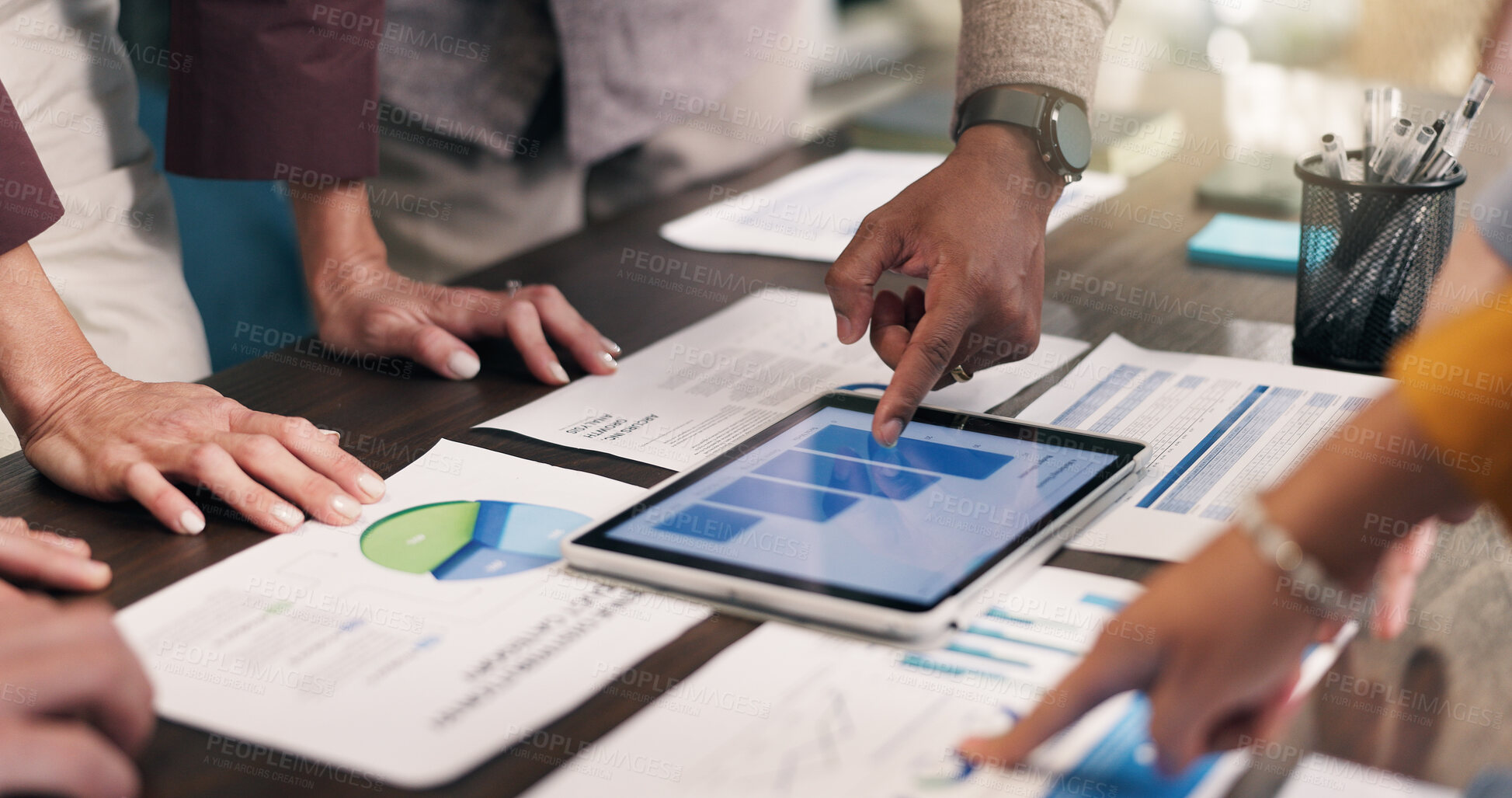 Buy stock photo Pointing, hands and business people with tablet, chart and documents for financial review in meeting. Office, team and tech with screen, paperwork and research for finance report, growth and stats