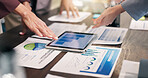 Meeting, hands and business people with tablet, chart and documents for financial review in office. Investment, team and workers with tech, paperwork and research for finance report, growth or profit