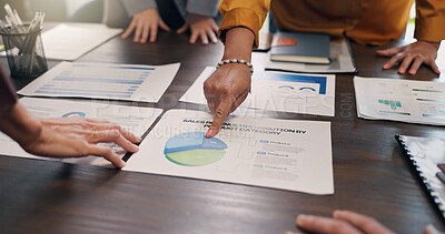 Buy stock photo Pointing, hands and business people with documents, chart and graph for financial review in meeting. Office, team and workers with research, paperwork and stats for finance report, growth and budget