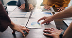 Pointing, hands and business people with paperwork, chart and graph for financial review in meeting. Office, team and workers with research, documents and stats for finance report, growth and budget