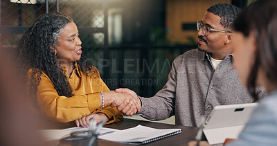 Buy stock photo Creative, business people and handshake with client in meeting, publicist or agreement for campaign. Public relations, collaboration and shaking hands with press agent, talking and happy for project