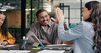 Happy, meeting and business people with high five in office for achievement, teamwork or bonus. Excited, group or employees with smile or good news for company success, accomplishment or done project
