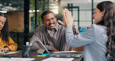 Buy stock photo Happy, meeting and business people with high five in office for achievement, teamwork or bonus. Excited, group or employees with smile or good news for company success, accomplishment or done project