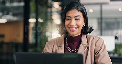 Buy stock photo Employee, reading and woman with laptop in office, creative or research for campaign on social media. Business, publicist and happy person with technology, online and review press coverage on website