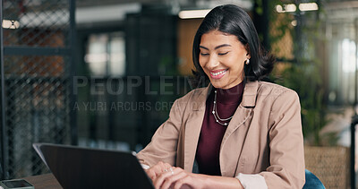 Buy stock photo Employee, laughing and woman with laptop in office, creative or editing pr campaign on social media. Business, publicist and happy person with technology, online and reading press coverage on website