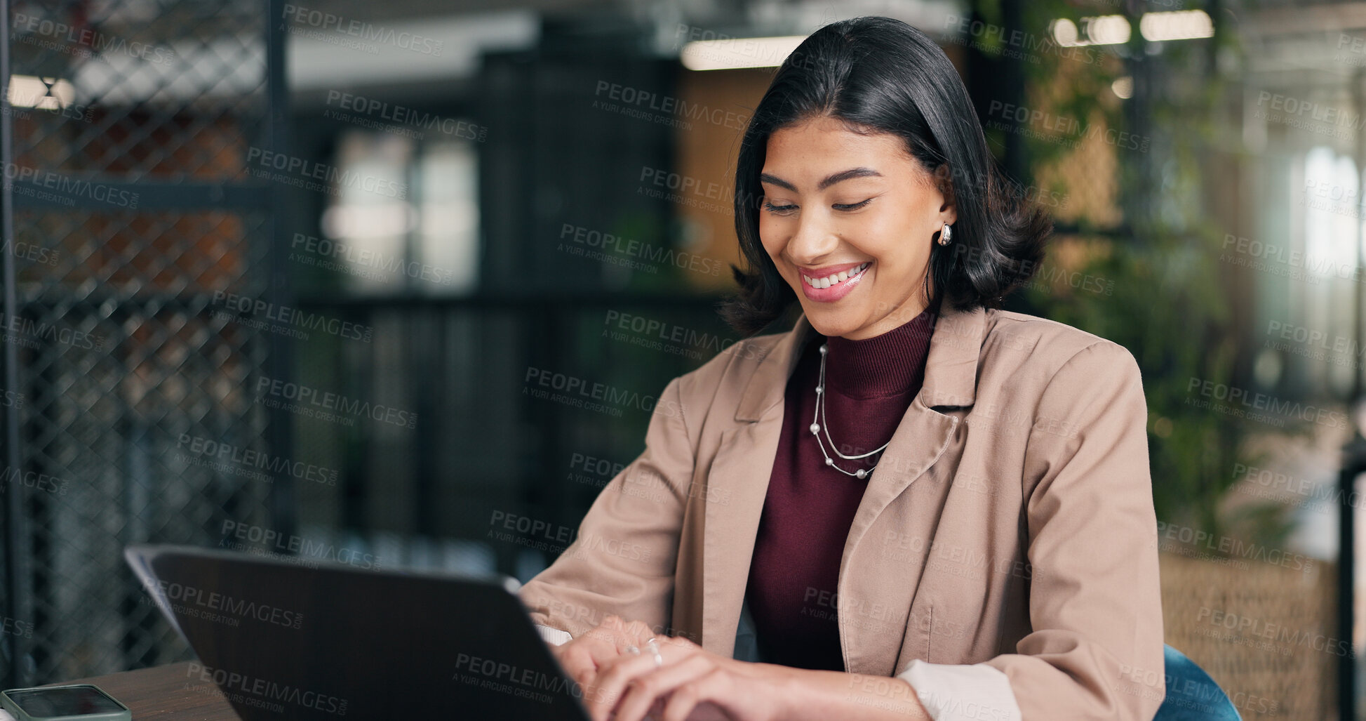 Buy stock photo Employee, laughing and woman with laptop in office, creative or editing pr campaign on social media. Business, publicist and happy person with technology, online and reading press coverage on website
