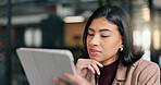 Employee, review and woman with tablet in office, creative or research for campaign on social media. Business, publicist and person with technology, serious and reading press coverage on website
