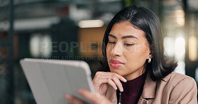 Buy stock photo Employee, review and woman with tablet in office, creative or research for campaign on social media. Business, publicist and person with technology, serious and reading press coverage on website