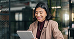 Creative, employee and woman with tablet in office, laugh and research for campaign on social media. Business, publicist and happy person with technology, online and reading press coverage on website