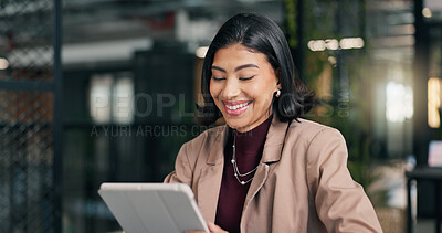 Buy stock photo Creative, employee and woman with tablet in office, laugh and research for campaign on social media. Business, publicist and happy person with technology, online and reading press coverage on website