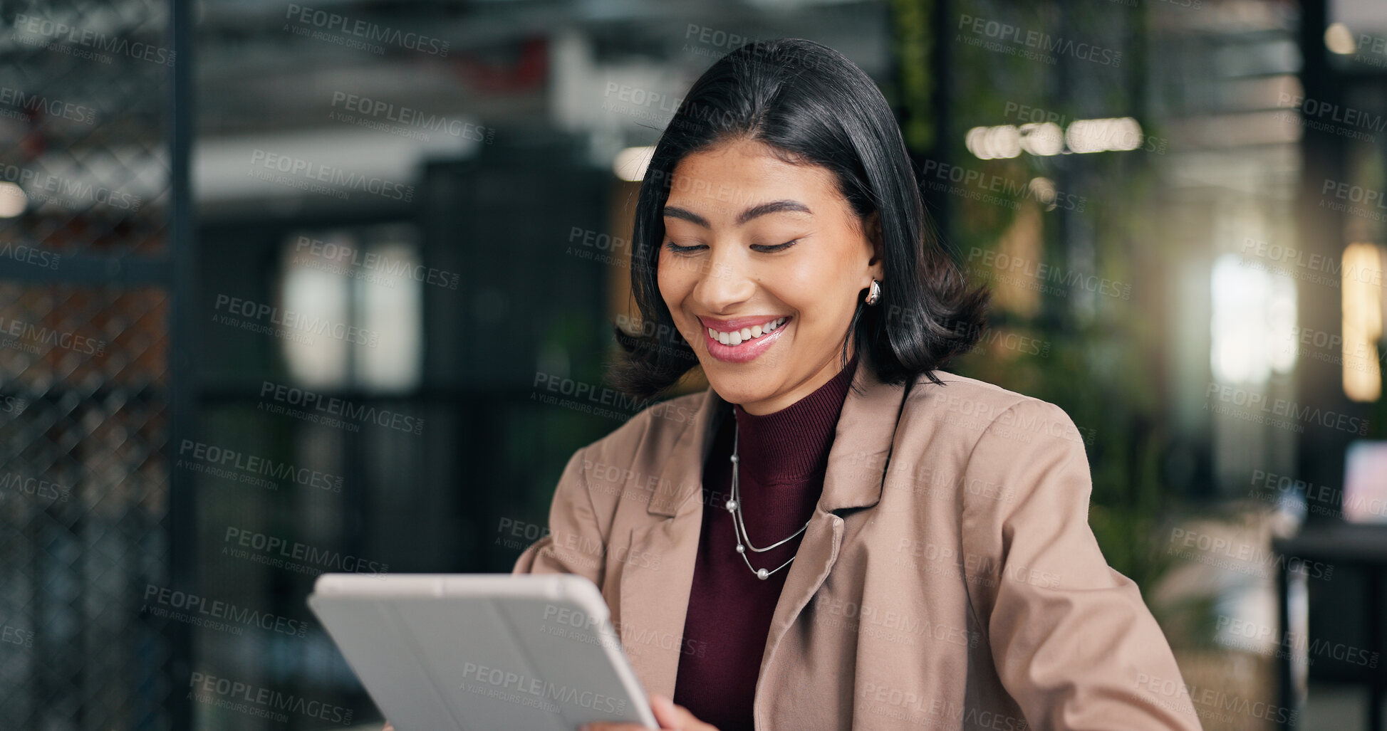 Buy stock photo Creative, employee and woman with tablet in office, laugh and research for campaign on social media. Business, publicist and happy person with technology, online and reading press coverage on website