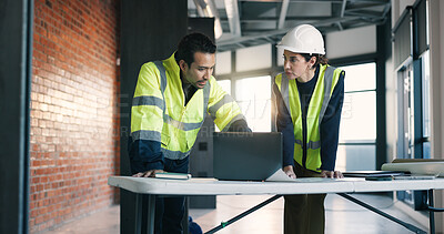 Buy stock photo Architect, team and conversation in building with laptop, review design and discussion for project. People, talk and planning with tech for architecture research, brainstorming and partnership