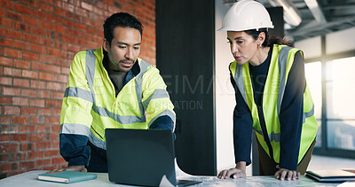 Buy stock photo Architect, team and planning in building with laptop, review design and blueprint for project. People, collaboration and discussion with tech for architecture research, brainstorming and partnership