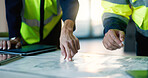 Architect, team and hands with blueprint, review design and discussion for project in building. People, flare and planning with digital tech for architecture research, brainstorming and partnership