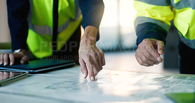Buy stock photo Architect, team and hands with blueprint, review design and discussion for project in building. People, flare and planning with digital tech for architecture research, brainstorming and partnership