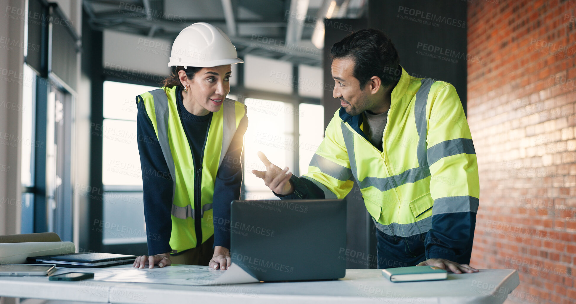 Buy stock photo Architect, team and collaboration in building with laptop, review design and discussion for project. People, talk and planning with tech for architecture research, brainstorming and partnership