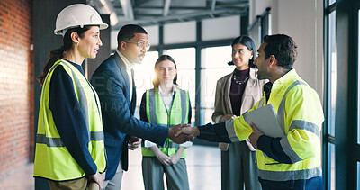 Buy stock photo Architect, team and handshake with tablet, review design and discussion for project in building. People, flare and shaking hands with tech for architecture proposal, brainstorming and partnership