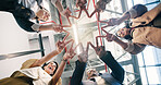 Circle, star and hands of business people for meeting, solidarity and collaboration in office. Huddle, below and men with women with peace sign for support, company goals and motivation for teamwork