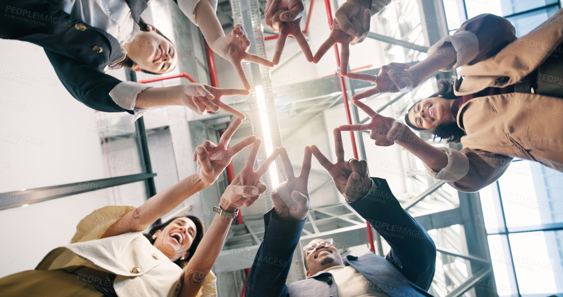 Buy stock photo Circle, star and hands of business people for meeting, solidarity and collaboration in office. Huddle, below and men with women with peace sign for support, company goals and motivation for teamwork