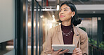 Businesswoman, thinking and smile with tablet in office, online or planning for campaign on website. Marketing manager, reflection and happy person with tech, brand awareness and research in business