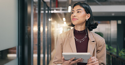 Buy stock photo Businesswoman, thinking and smile with tablet in office, online or planning for campaign on website. Marketing manager, reflection and happy person with tech, brand awareness and research in business