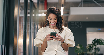 Buy stock photo Alert, phone and smile with business woman in office for offer, promotion or subscription bonus. App, download and notification with mature employee in corporate workplace for text message response