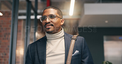 Buy stock photo Man, walk and thinking in office with arrival, real estate agent job and vision for housing market. Realtor, person and reflection in agency for property development, plan and beginning of work day.